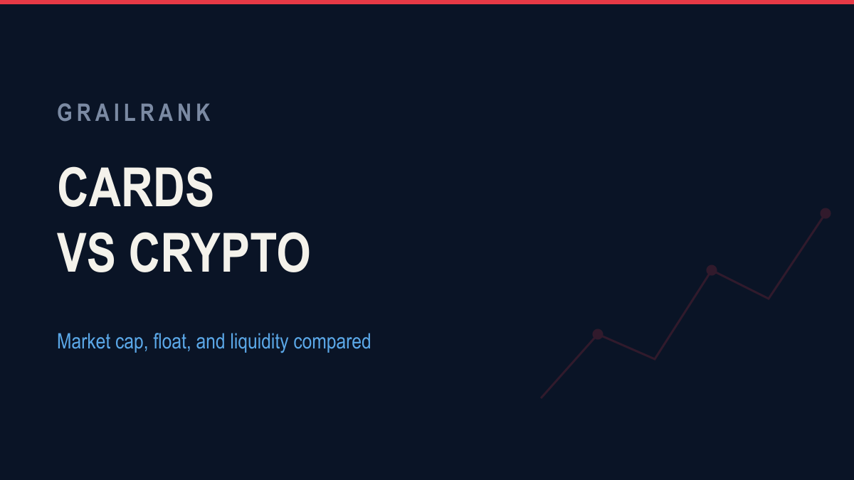 A stylized graphic comparing a graded card slab to a cryptocurrency token chart